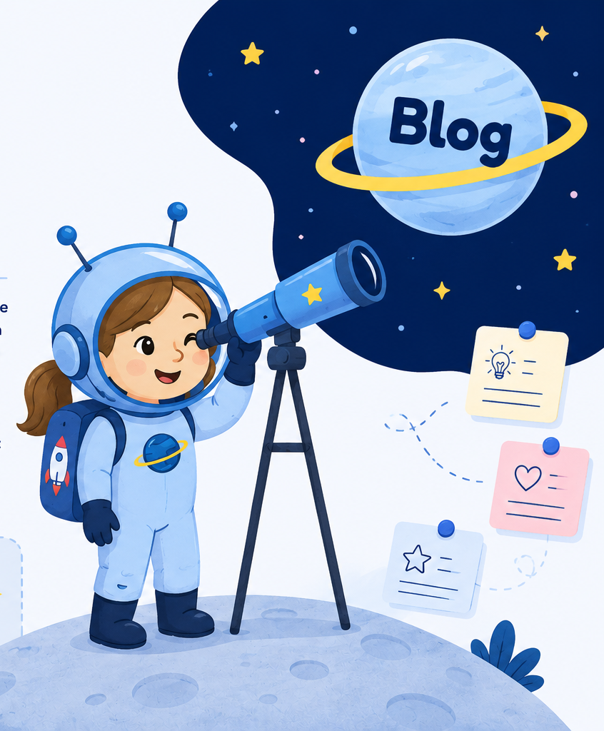 Astronaut kijkt door een telescoop naar de Blog-planeet