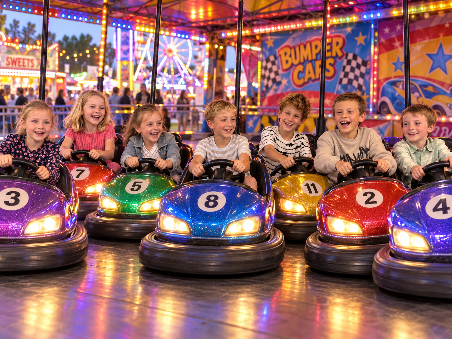 Zeven kinderen in kleurrijke botsauto’s op de kermis