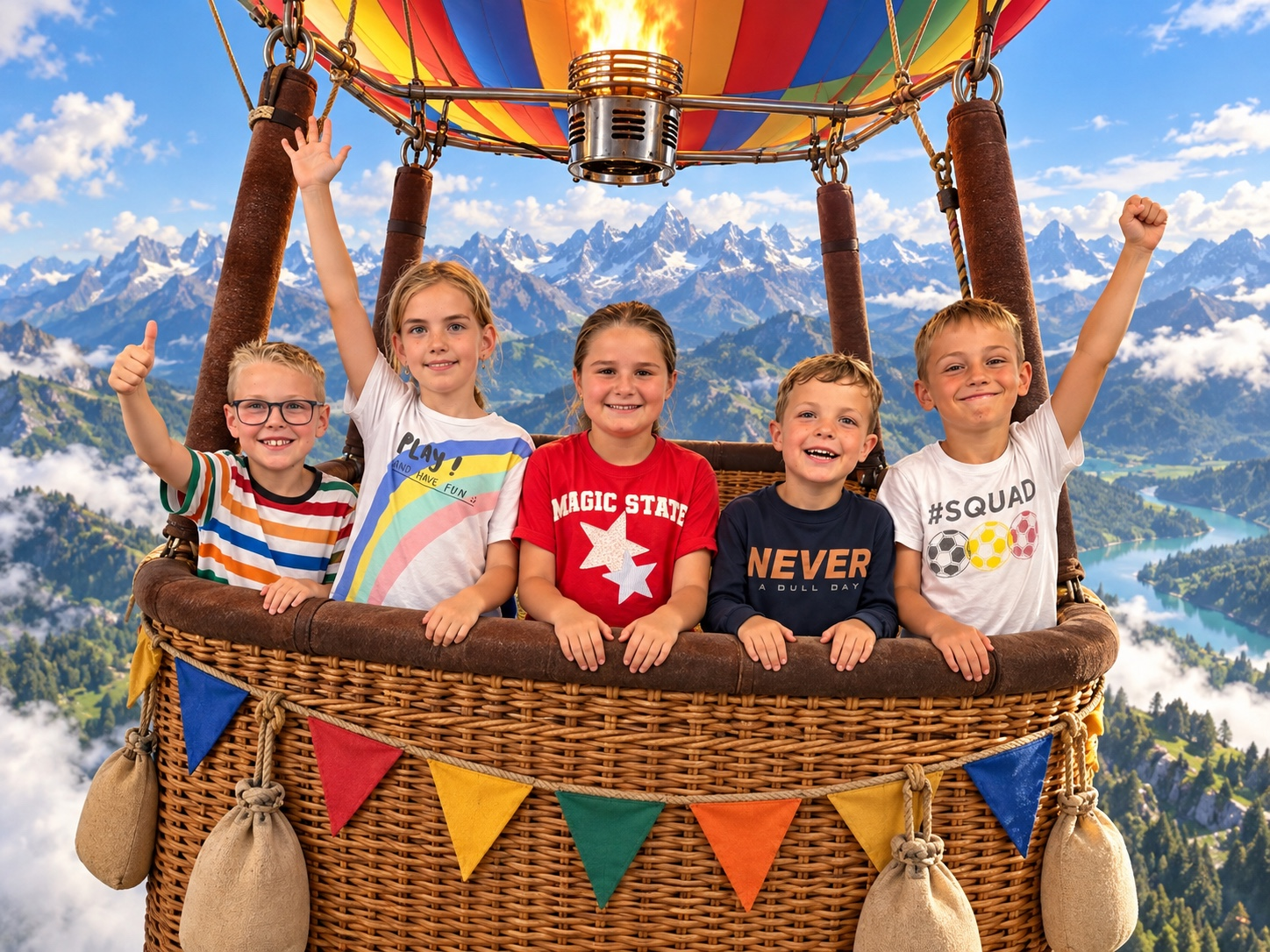Vijf kinderen in een luchtballon boven de bergen