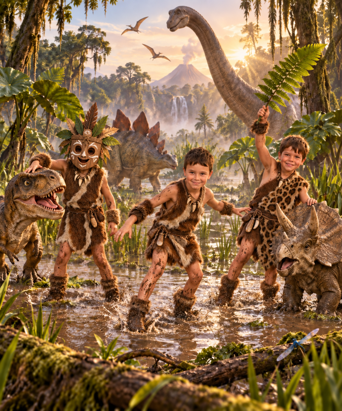 Drie kinderen in dierenhuiden spelen met dinosaurussen bij zonsondergang