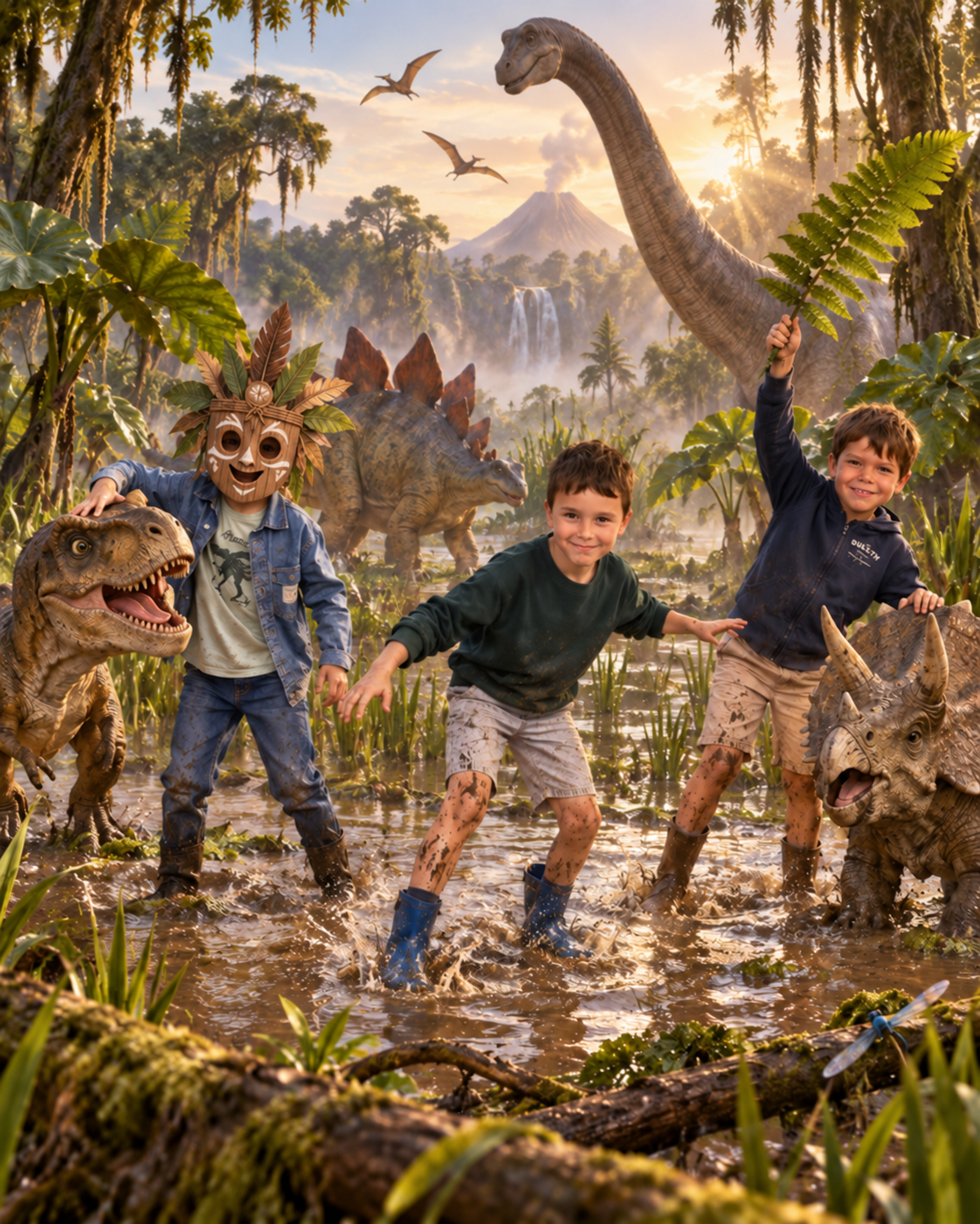 Drie kinderen, van wie één met een masker, spelen met dinosaurussen in een prehistorisch moeras
