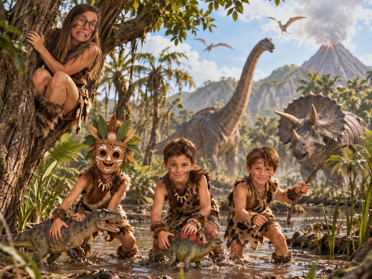 Drie kinderen, van wie één met een masker, en juf Sara tussen dinosaurussen in de jungle