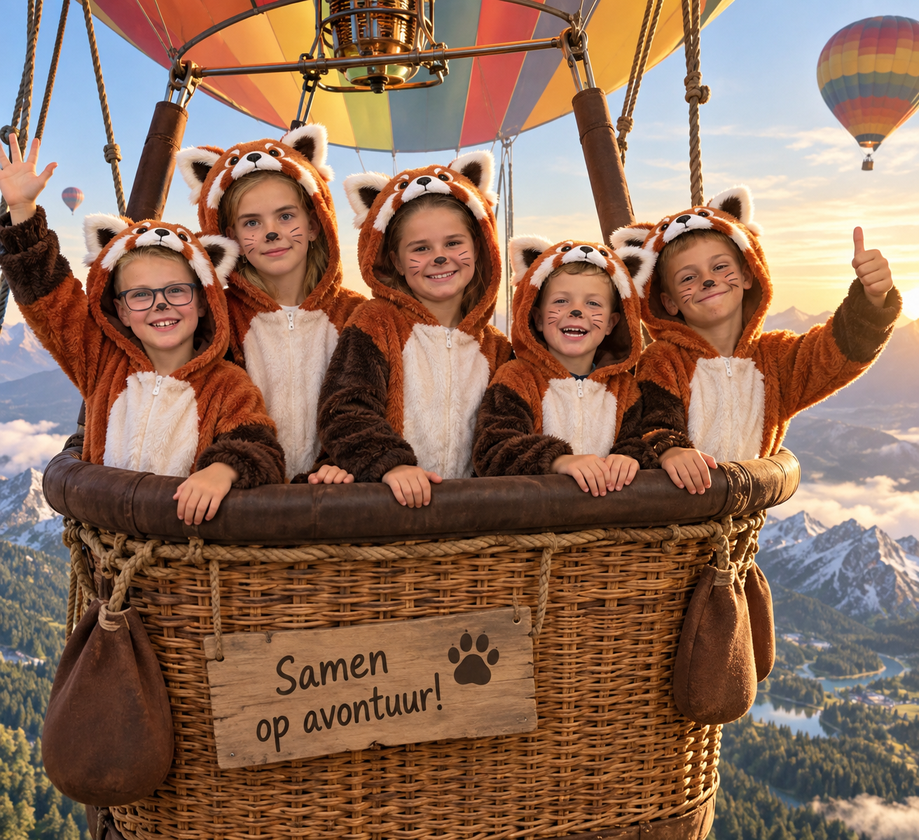 Vijf kinderen verkleed als rode panda’s in de mand van een luchtballon